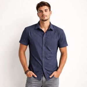 Royal Heritage Men's Navy Blue Geometric Print Short Sleeve Button Down Shirt S